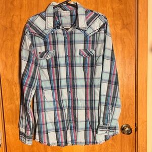 Women's Plaid Button-Down Shirt with Stud Detail - Light Blue Multi